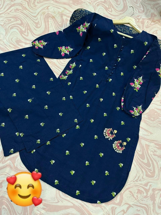 2 Pcs Women's Stitched Cotton Embroidered Shirt And Trouser