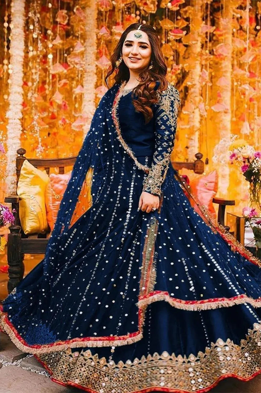 3 Pcs Women's Stitched Shamoz Silk Mirror Work Maxi Suit
