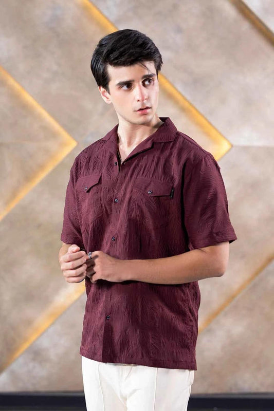 Textured Button-Down Shirt for Men in Rich Maroon – Perfect Summer Wear EW-000329