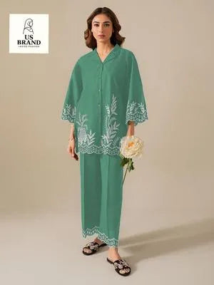 2 Pcs Women's Stitched Cotton Chikankari Embroidered Shirt And Trouser