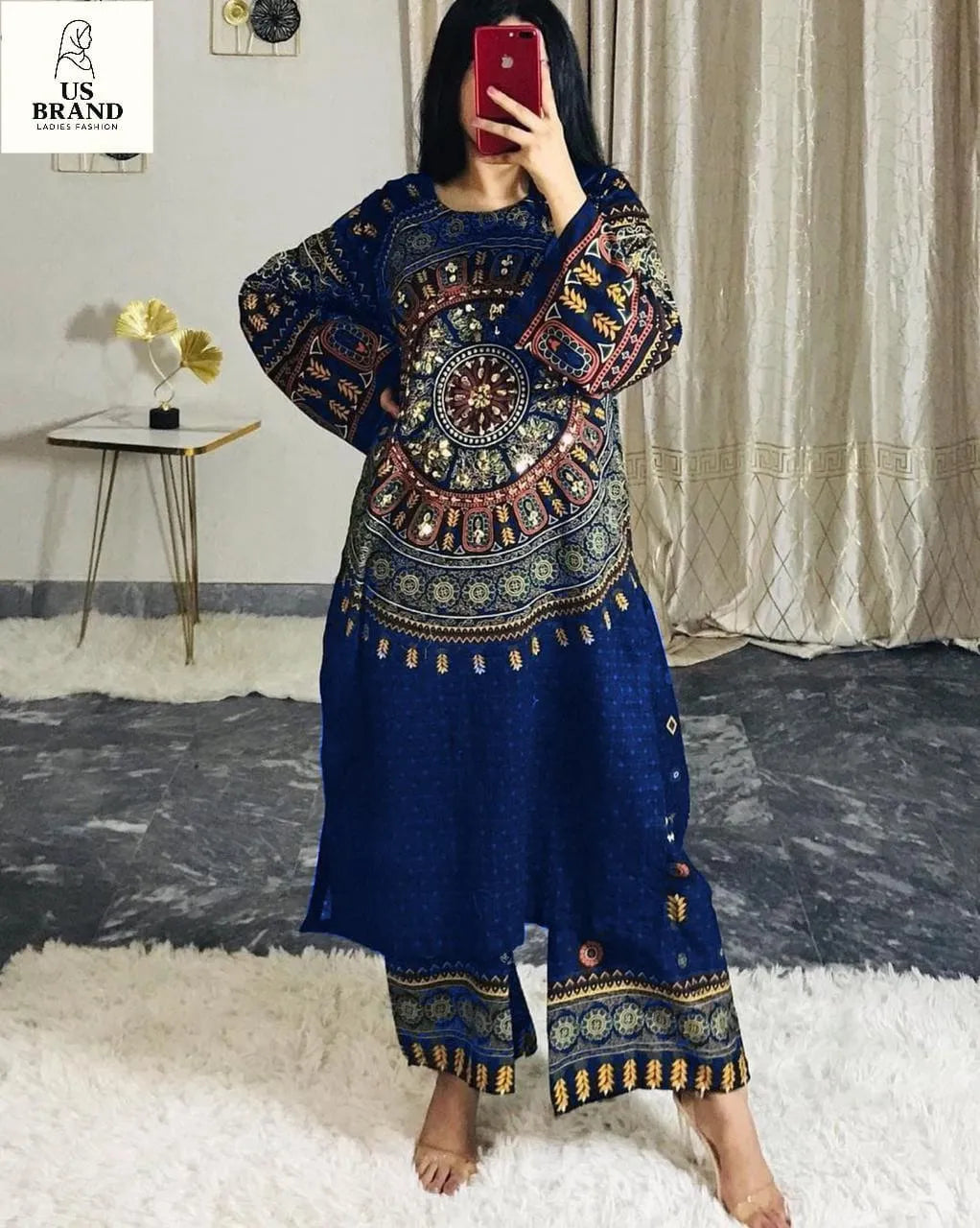 2 Pcs Women's Stitched Swiss Lawn Mirror Work Shirt And Trouser