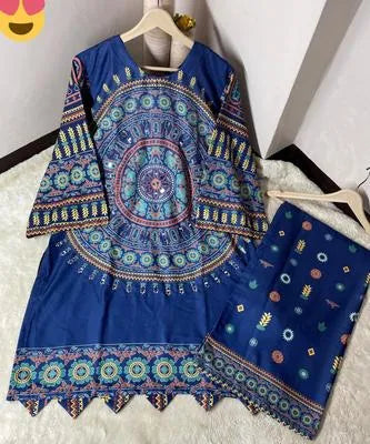 2 Pcs Women's Stitched Swiss Lawn Mirror Work Shirt And Trouser