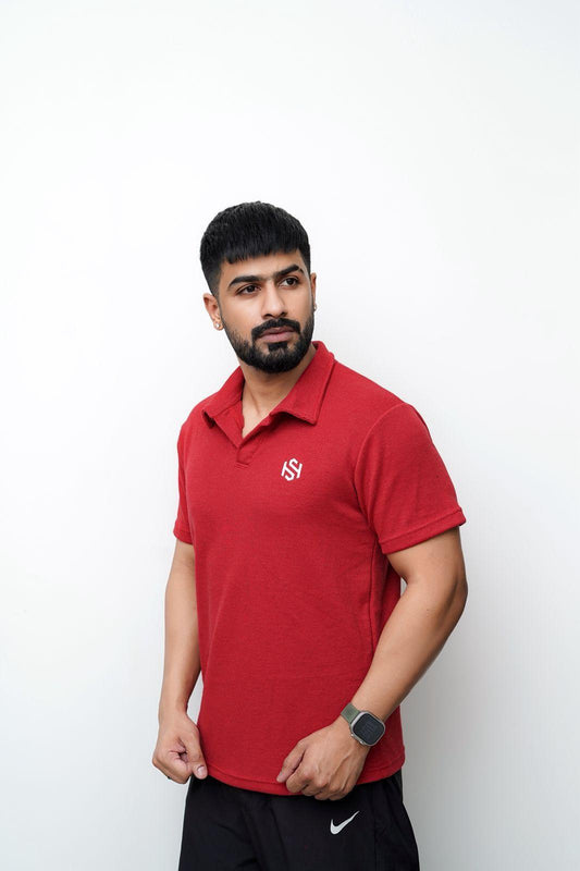 Stylish Red Men's Polo Shirt - Waffle Knit, 1 Pc, Plain Design