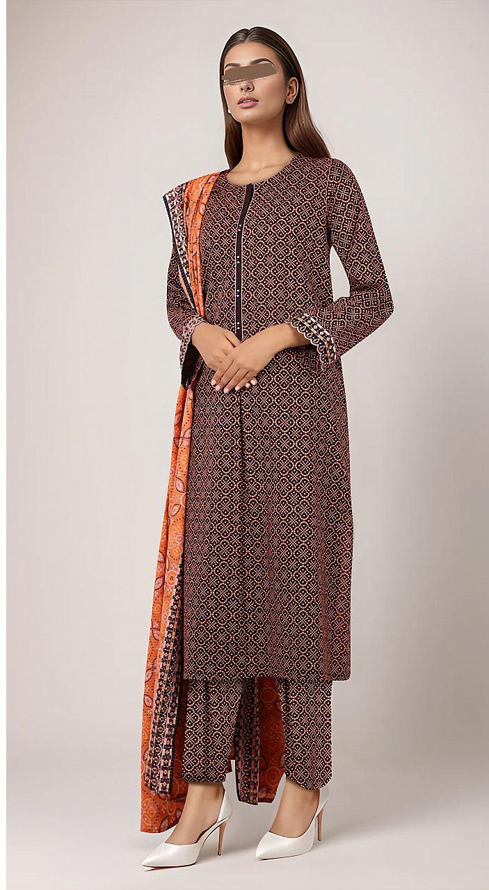 3 Pcs Women's Unstitched Khaddar Printed Suit
