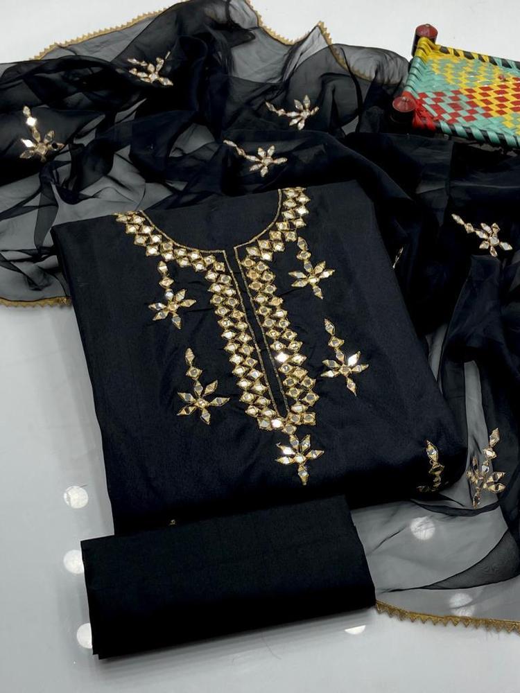 3 Pcs Women's Unstitched Fancy Katan Silk Embroidered Suit