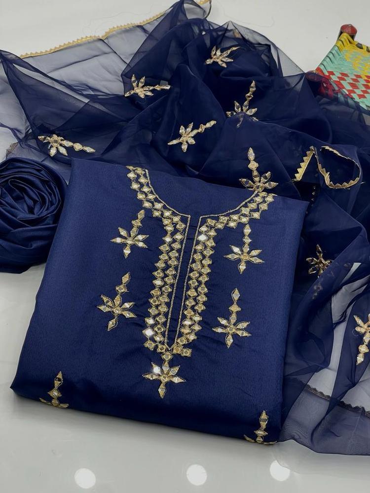 3 Pcs Women's Unstitched Fancy Katan Silk Embroidered Suit