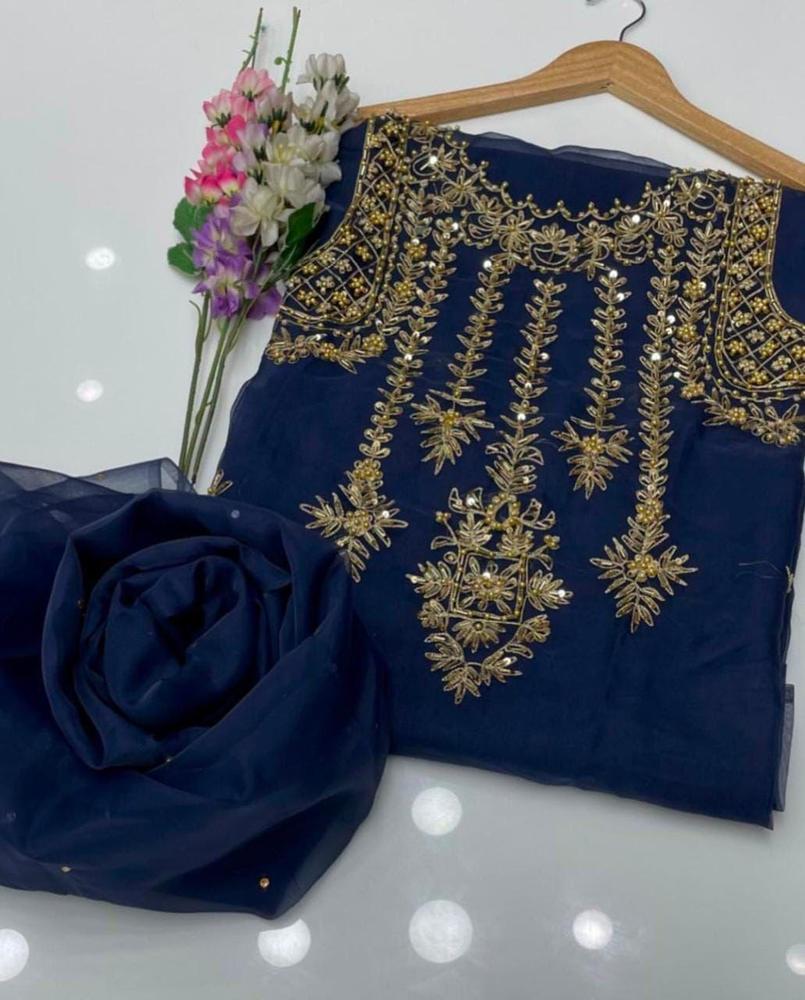 2 Pcs Women's Unstitched Fancy Organza Embroidered Suit