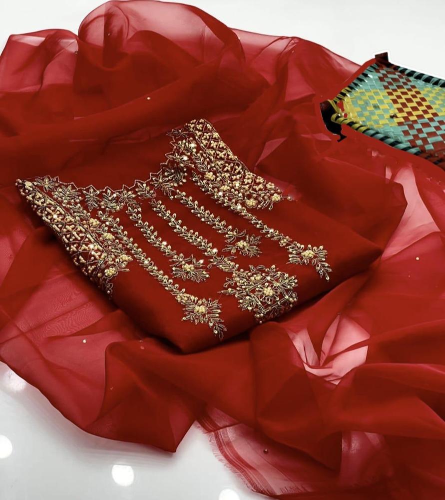 2 Pcs Women's Unstitched Fancy Organza Embroidered Suit