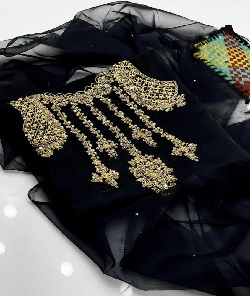 2 Pcs Women's Unstitched Fancy Organza Embroidered Suit