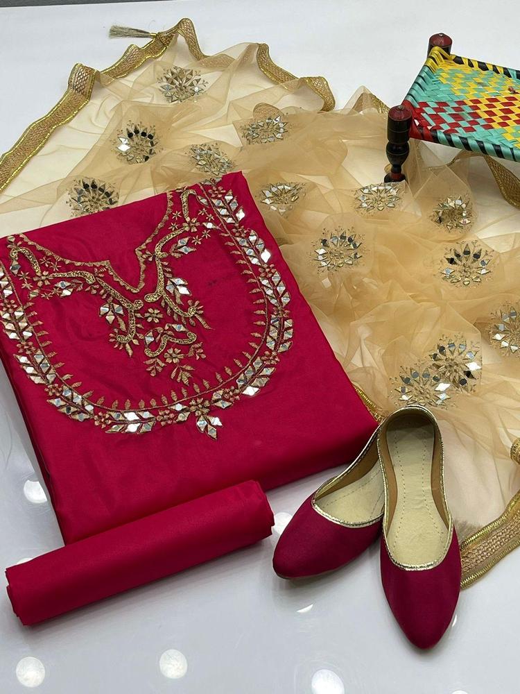 3 Pcs Women's Unstitched Fancy Silk Embroidered Suit With Khusa Pair