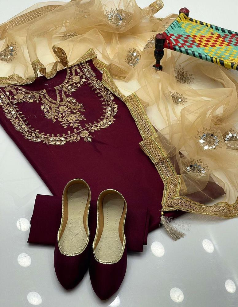 3 Pcs Women's Unstitched Fancy Silk Embroidered Suit With Khusa Pair