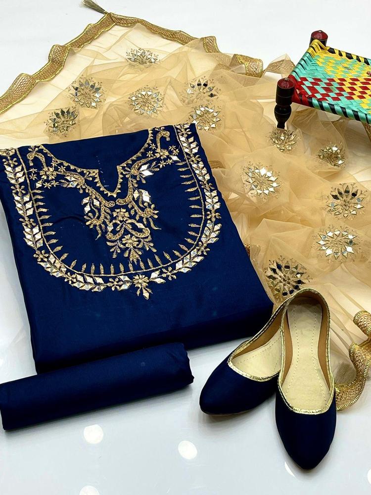 3 Pcs Women's Unstitched Fancy Silk Embroidered Suit With Khusa Pair
