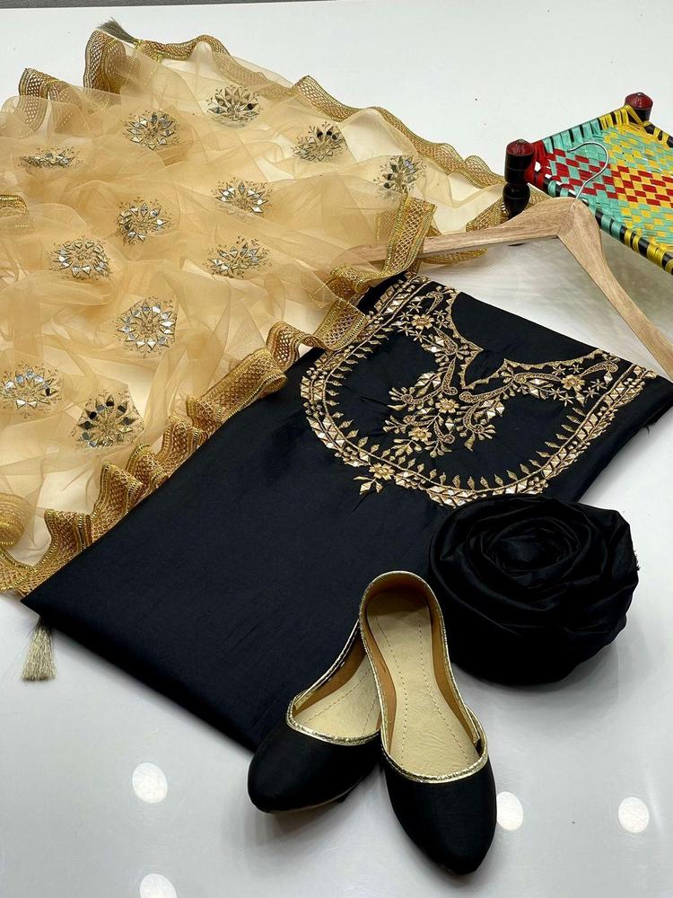 3 Pcs Women's Unstitched Fancy Silk Embroidered Suit With Khusa Pair