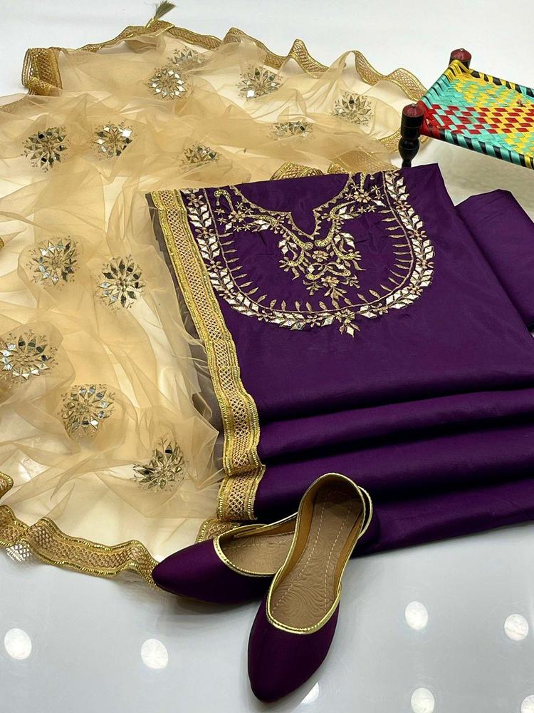 3 Pcs Women's Unstitched Fancy Silk Embroidered Suit With Khusa Pair