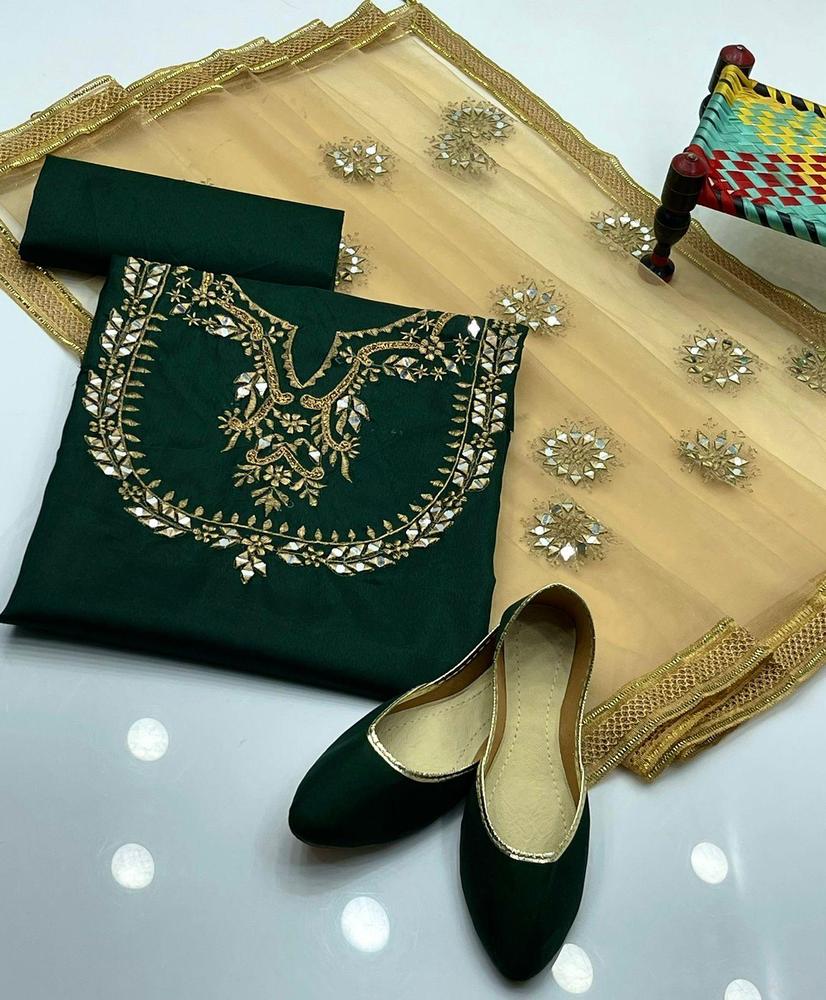3 Pcs Women's Unstitched Fancy Silk Embroidered Suit With Khusa Pair