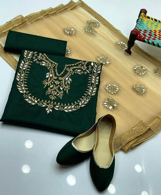 3 Pcs Women's Unstitched Fancy Silk Embroidered Suit With Khusa Pair
