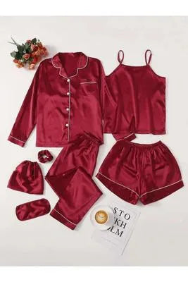 5 Pcs Women's Stitched Silk Plain Night Suit