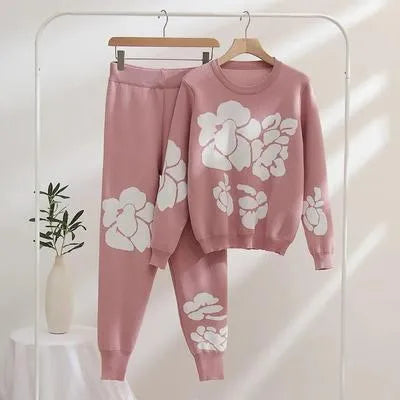2 Pcs Women's Stitched Fleece Printed Sweatshirt Tracksuit