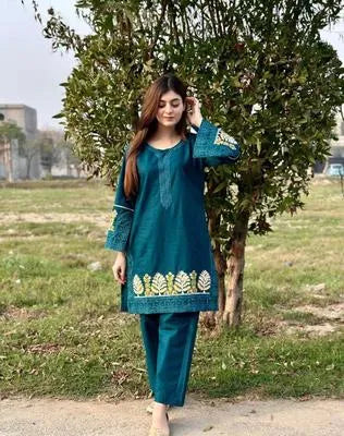 2 Pcs Women's Stitched Linen Embroidered Shirt And Trouser