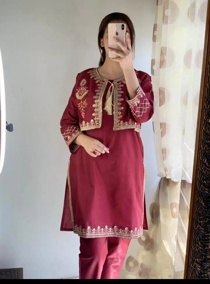 2 Pcs Women's Stitched Linen Embroidered Shirt And Trouser