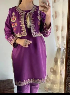 2 Pcs Women's Stitched Linen Embroidered Shirt And Trouser