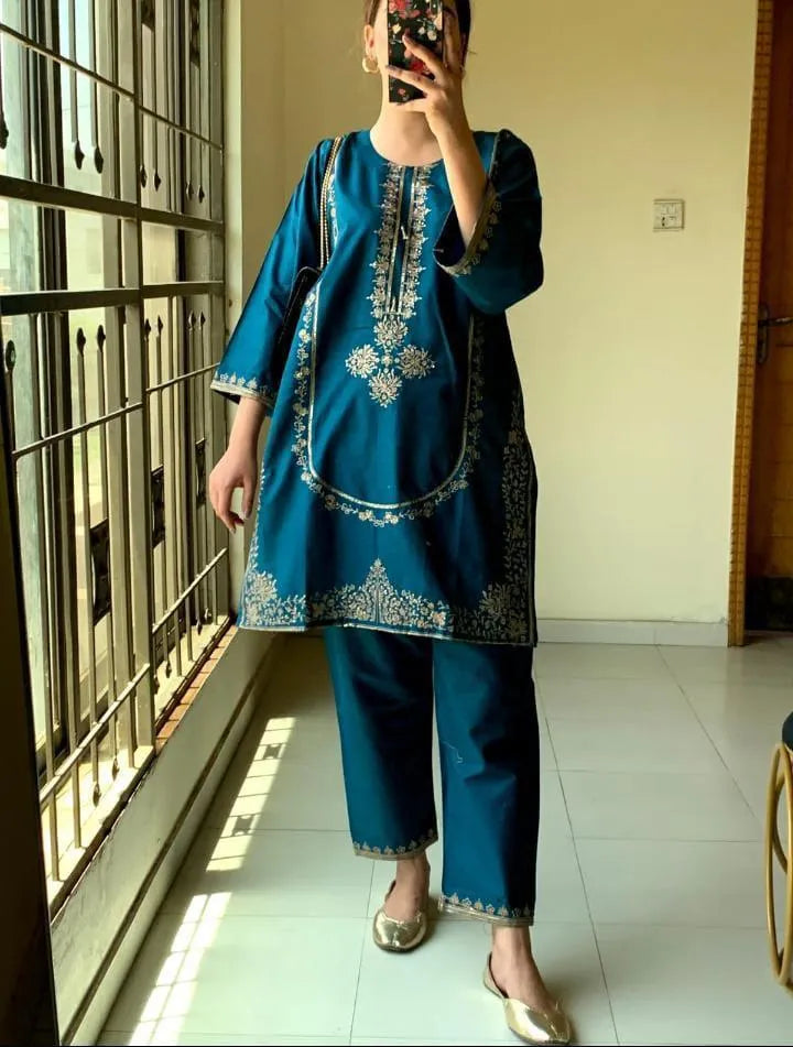 2 Pcs Women's Stitched Raw Silk Plain Shirt And Trouser