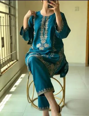 2 Pcs Women's Stitched Raw Silk Plain Shirt And Trouser