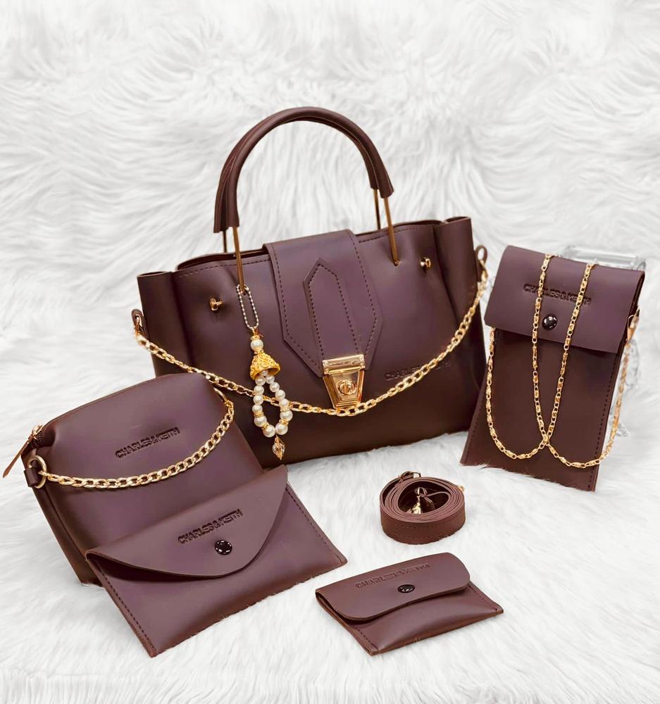 5 Pcs Women's Pure Leather Plain Hand Bag Set