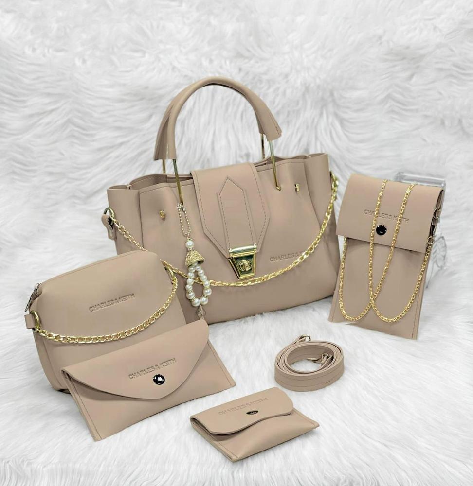 5 Pcs Women's Pure Leather Plain Hand Bag Set
