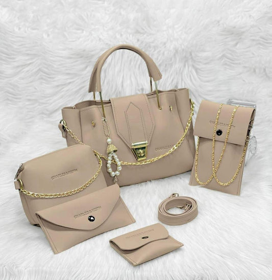 5 Pcs Women's Pure Leather Plain Hand Bag Set