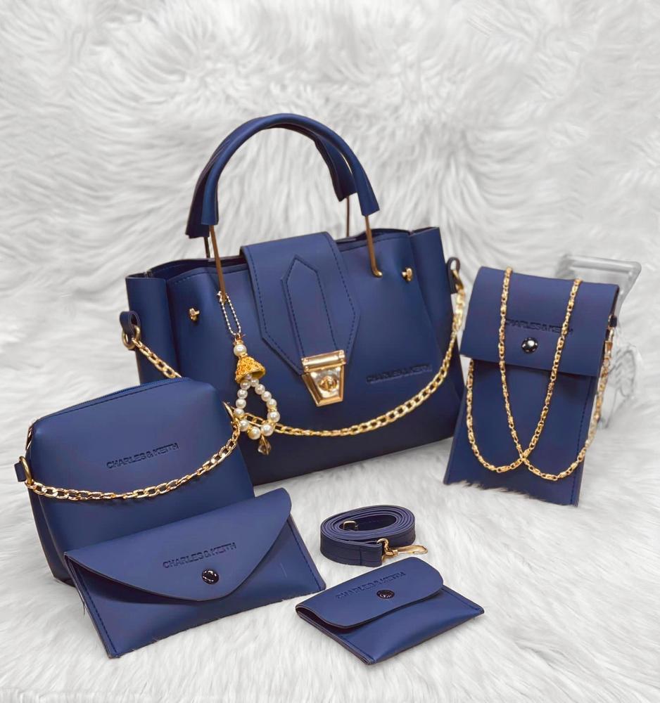 5 Pcs Women's Pure Leather Plain Hand Bag Set