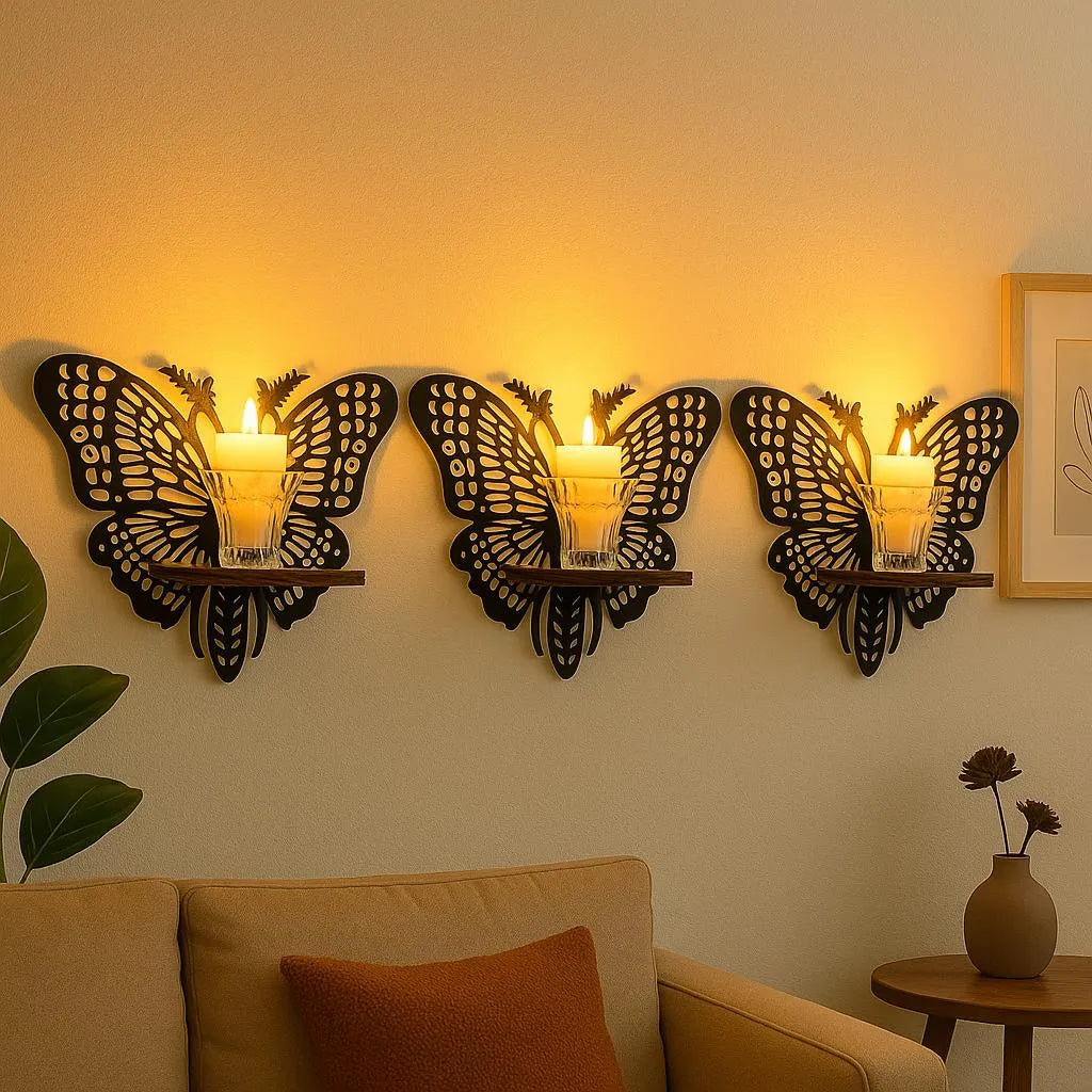 Pack of 3 Butterfly Shaped Wooden Wall Shelf – Decorative Wall Hanging Rack for Living