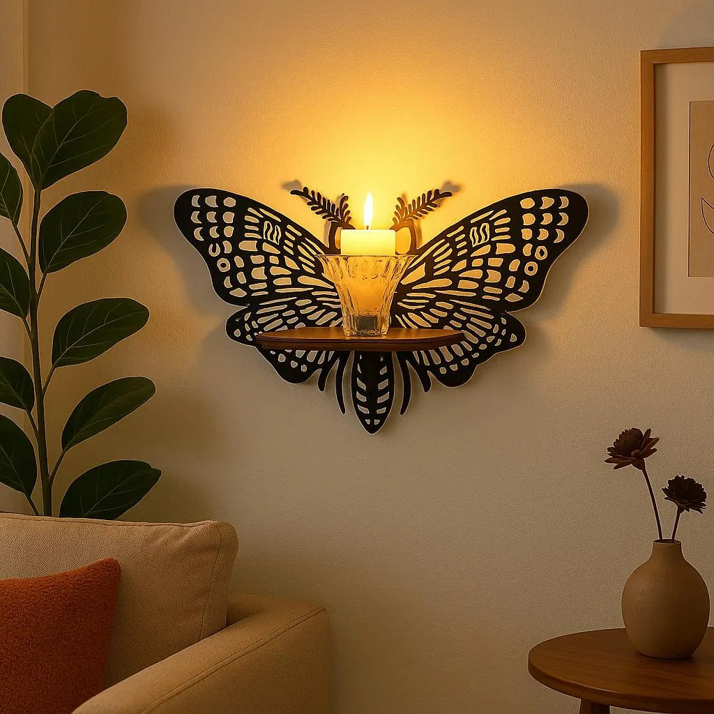 Pack of 3 Butterfly Shaped Wooden Wall Shelf – Decorative Wall Hanging Rack for Living