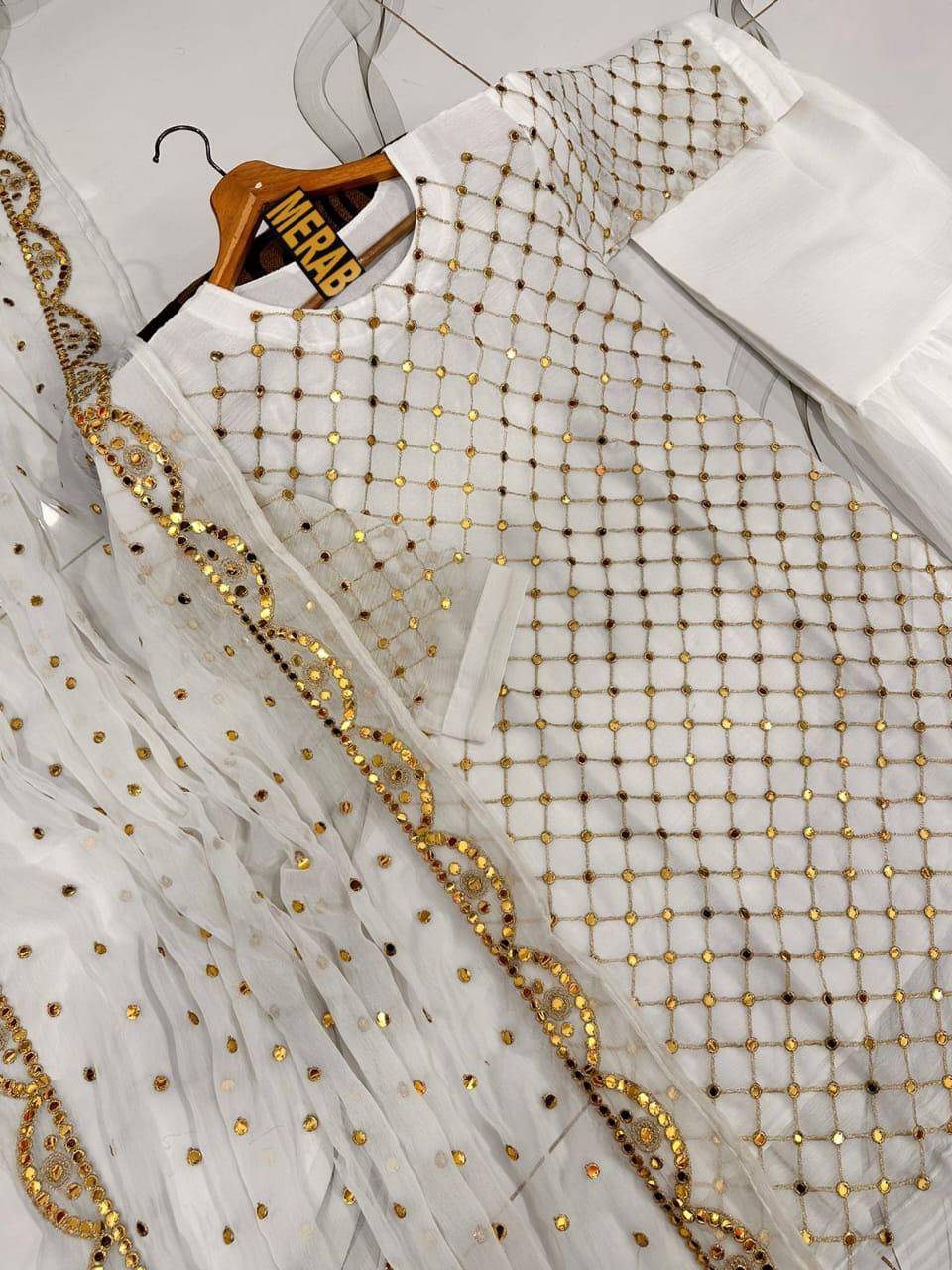 3 Pcs Women's Stitched Chiffon Sheesha Work Suit