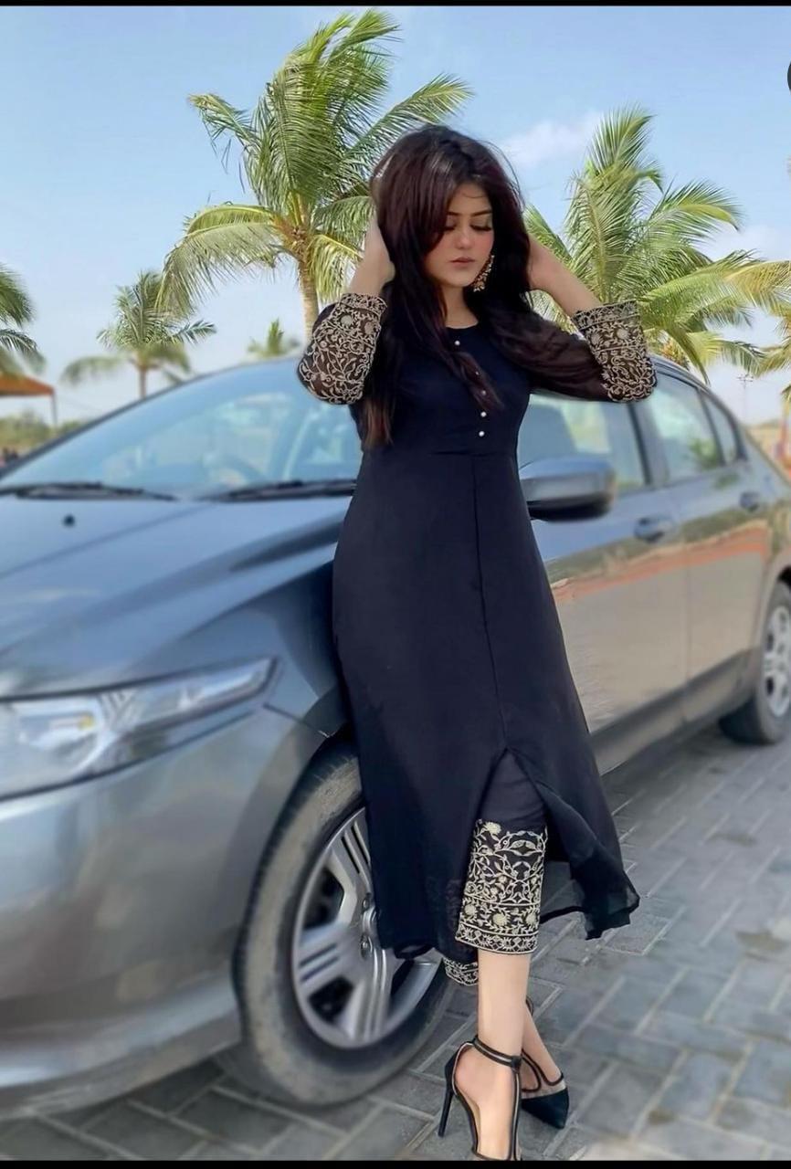 2 Pcs Women's Stitched Chiffon Embroidered Maxi And Trouser