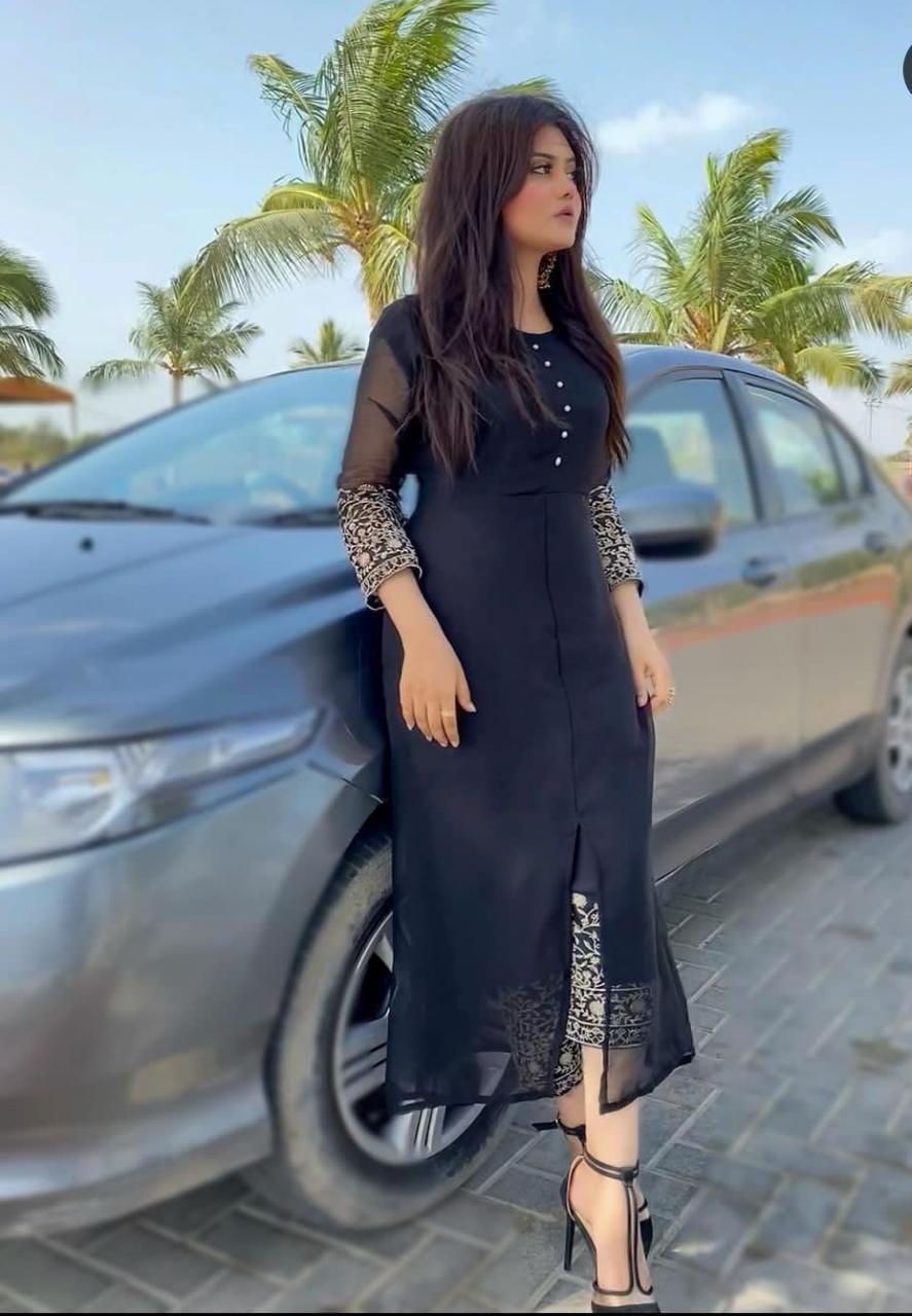 2 Pcs Women's Stitched Chiffon Embroidered Maxi And Trouser