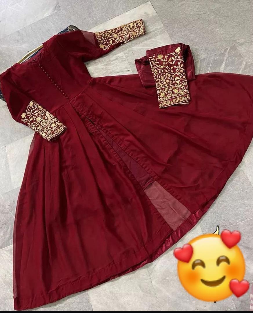 2 Pcs Women's Stitched Chiffon Embroidered Maxi And Trouser