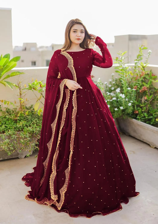 3 Pcs Women's Stitched Chiffon Embroidered Maxi Suit
