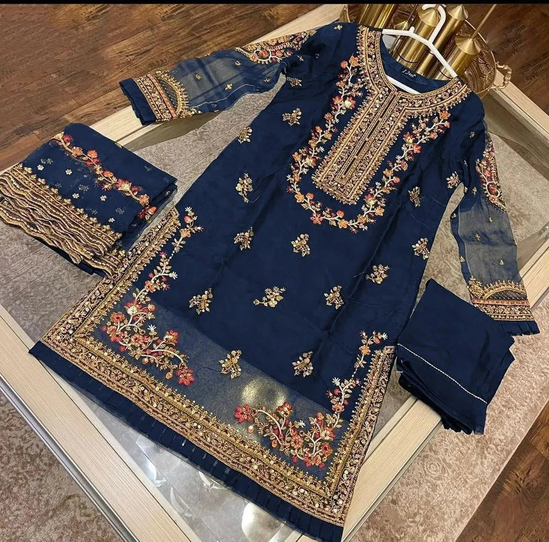 3 Pcs Women's Stitched Organza Embroidered Suit
