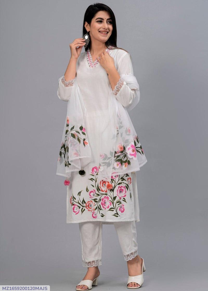 3 Pcs Women's Stitched Grip Silk Embroidered Suit