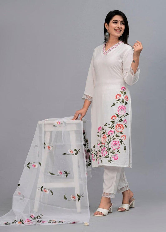 3 Pcs Women's Stitched Grip Silk Embroidered Suit