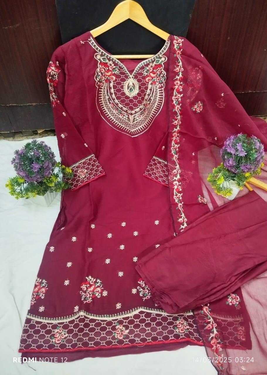 3 Pcs Women's Stitched Chiffon Patch Work Suit