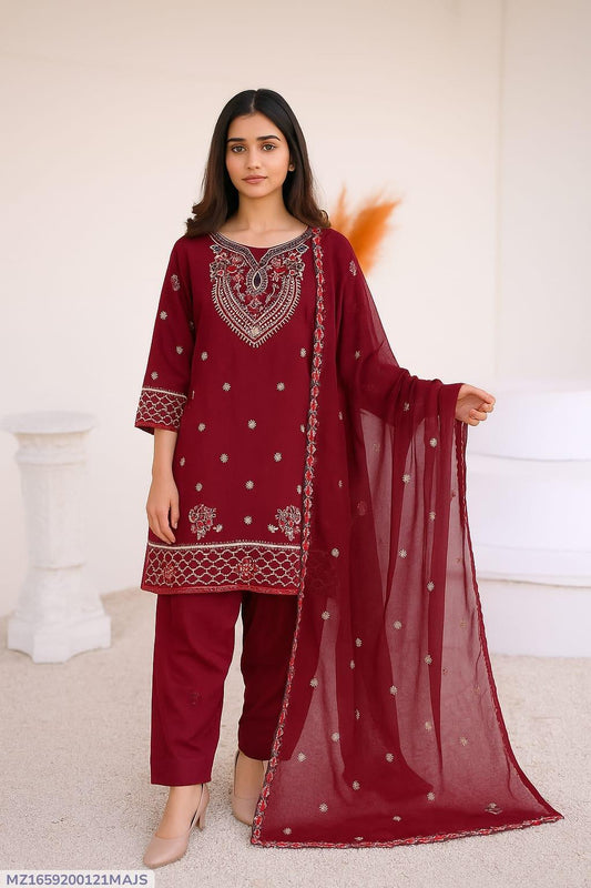 3 Pcs Women's Stitched Chiffon Patch Work Suit