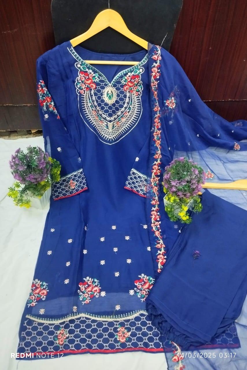 3 Pcs Women's Stitched Silk Embroidered Suit