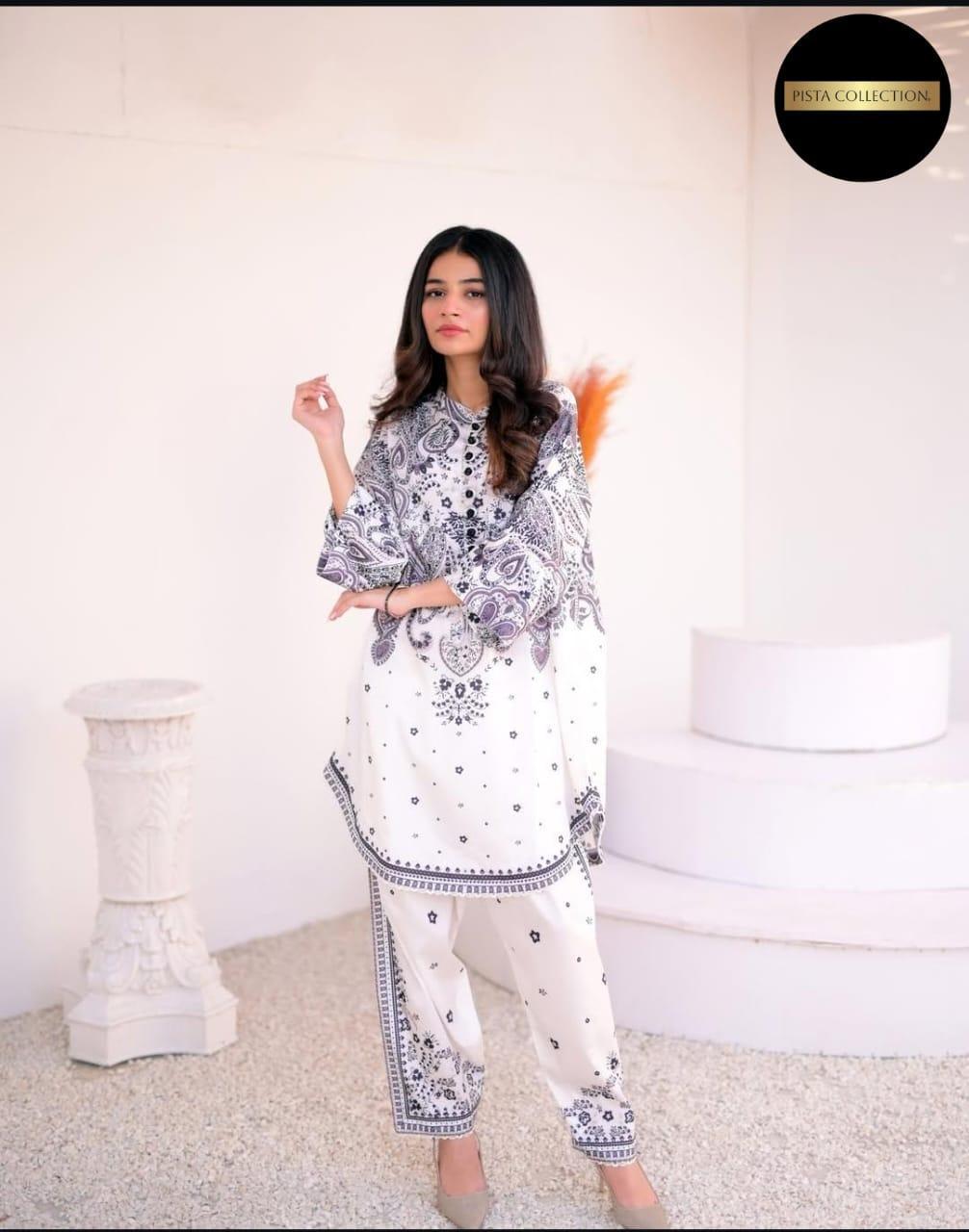 2 Pcs Women's Stitched Swiss Lawn Printed Shirt And Trouser