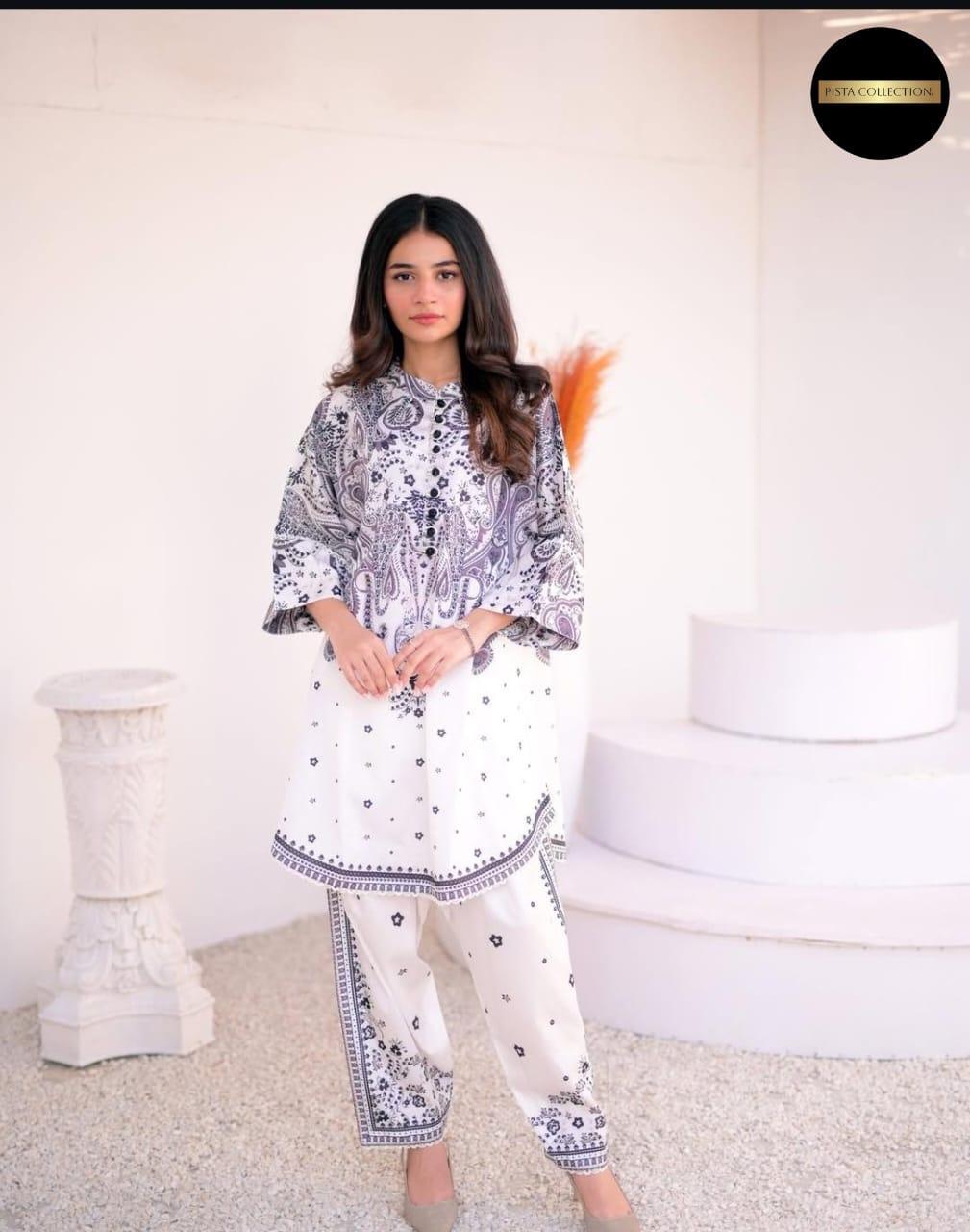 2 Pcs Women's Stitched Swiss Lawn Printed Shirt And Trouser