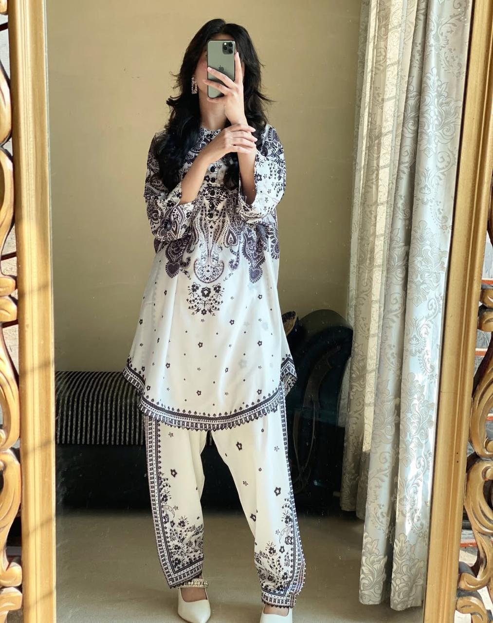 2 Pcs Women's Stitched Swiss Lawn Printed Shirt And Trouser