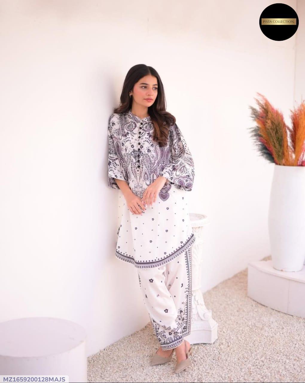 2 Pcs Women's Stitched Swiss Lawn Printed Shirt And Trouser