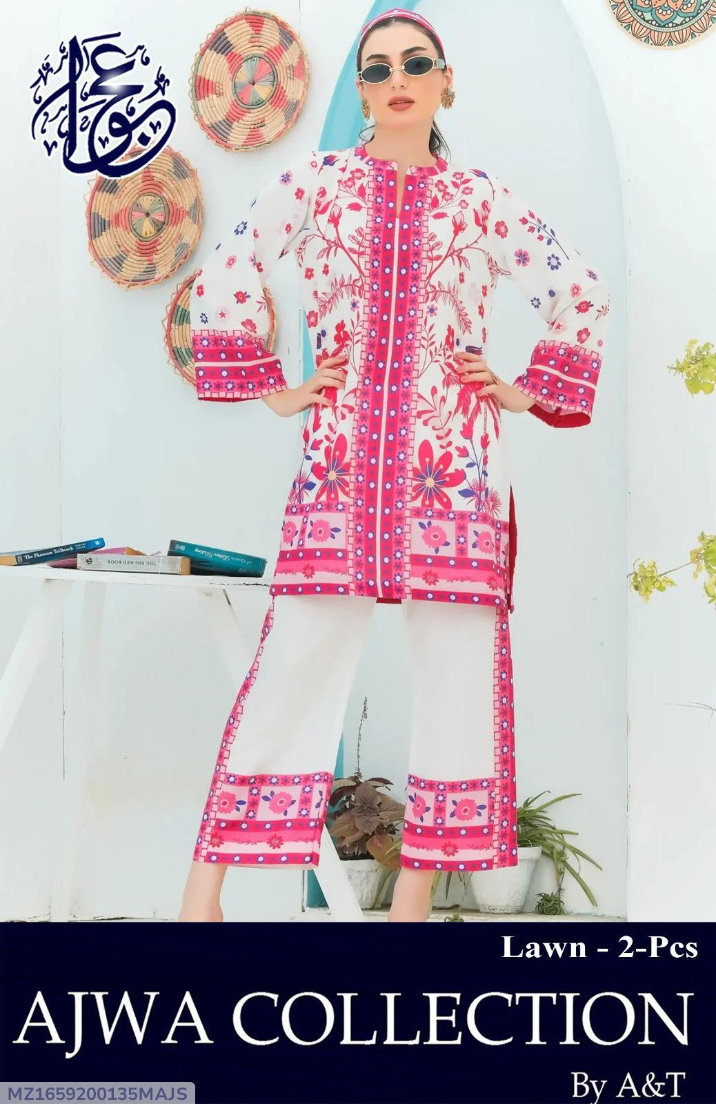 2 Pcs Women's Stitched Swiss Lawn Printed Shirt And Trouser