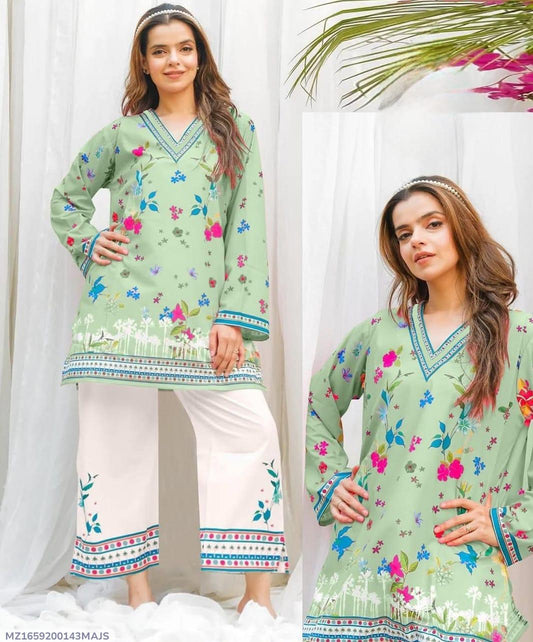 2 Pcs Women's Stitched Swiss Lawn Printed Shirt And Trouser